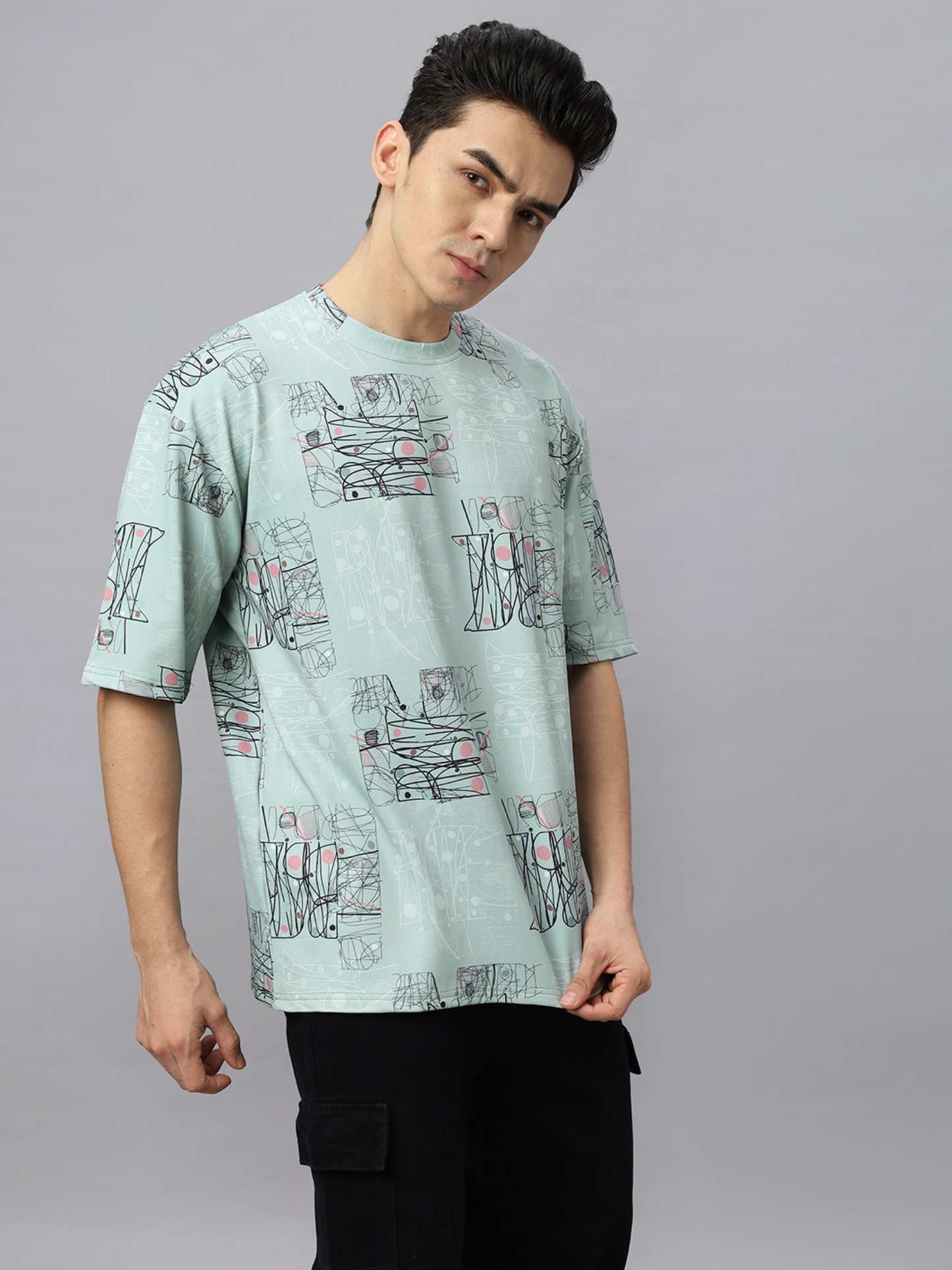 Oversize tshirt for Men Looper net 220 GSM - Crazybee- BB_Green_Print