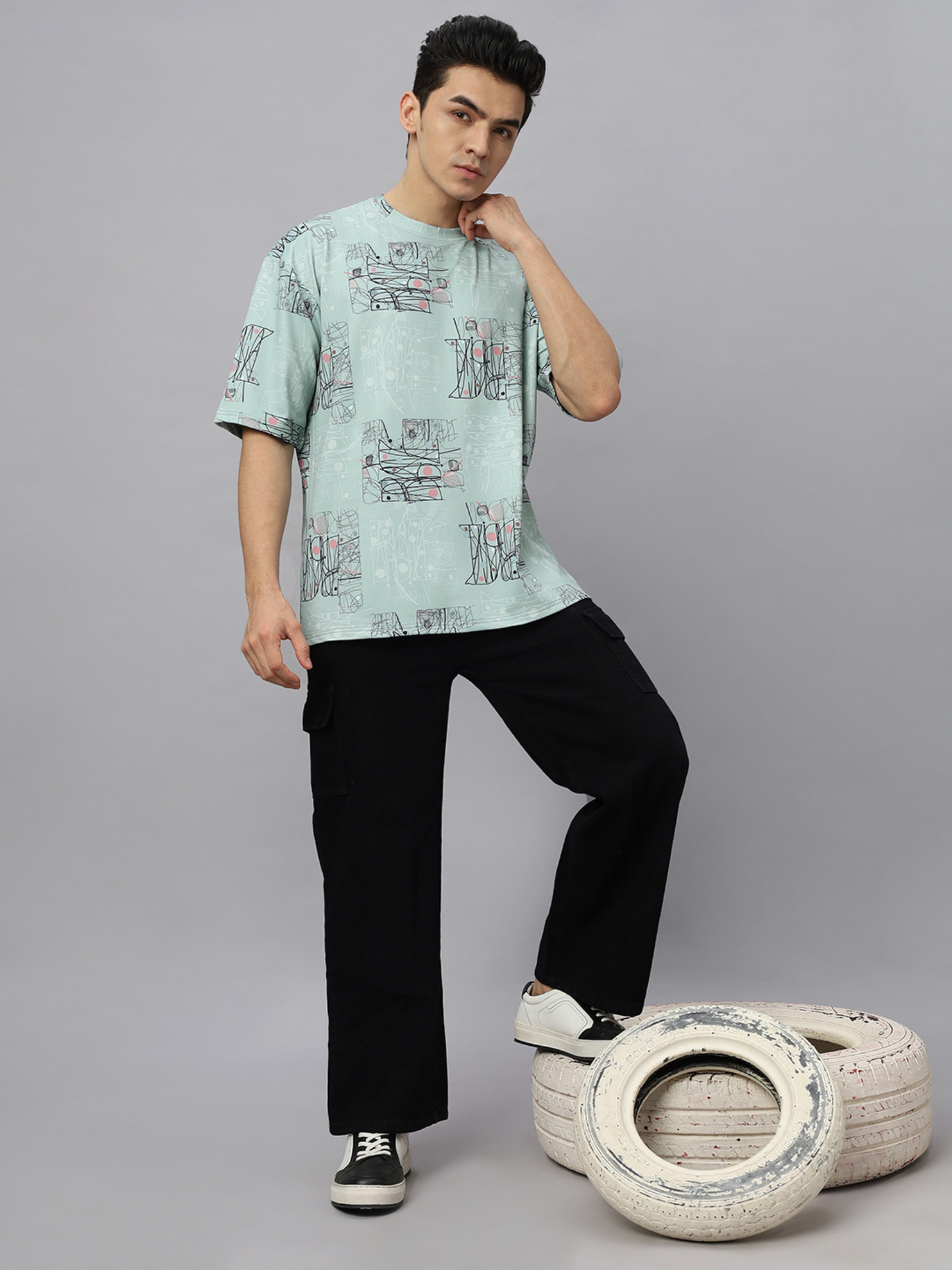 Oversize tshirt for Men Looper net 220 GSM - Crazybee- BB_Green_Print