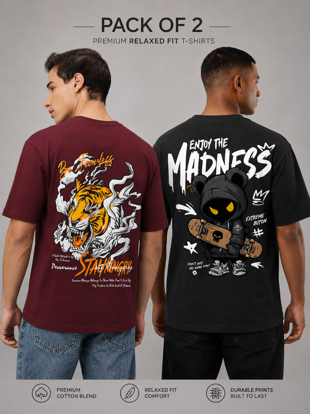 Pack of 2 Tshirt <> Maroon_Fearless & Grey_Madness -Deal