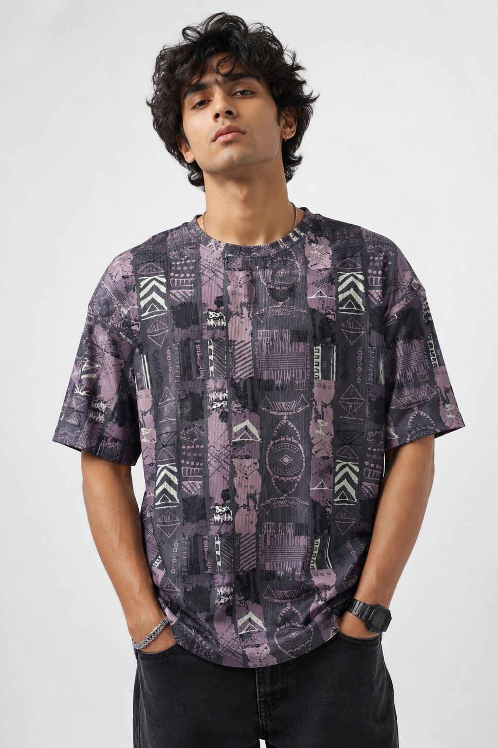Cotton Rib <> Purple Tribal Print