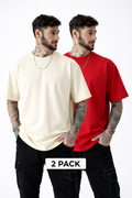 PACK OF 2 PLAIN <> RED + OFF WHITE T-SHIRT