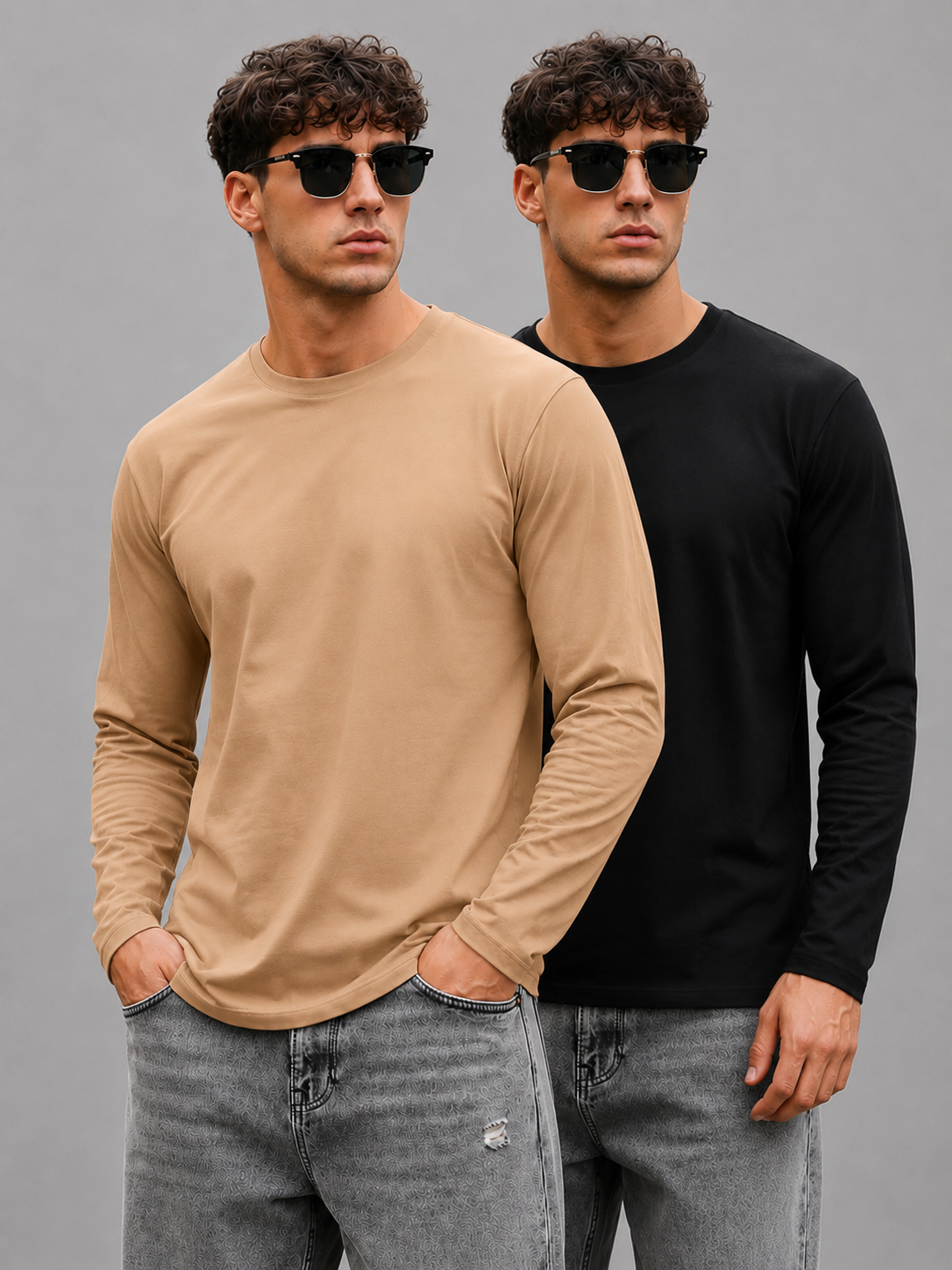 Pack of 2 FullSleeve- Looper Tshirt-Beige & Black