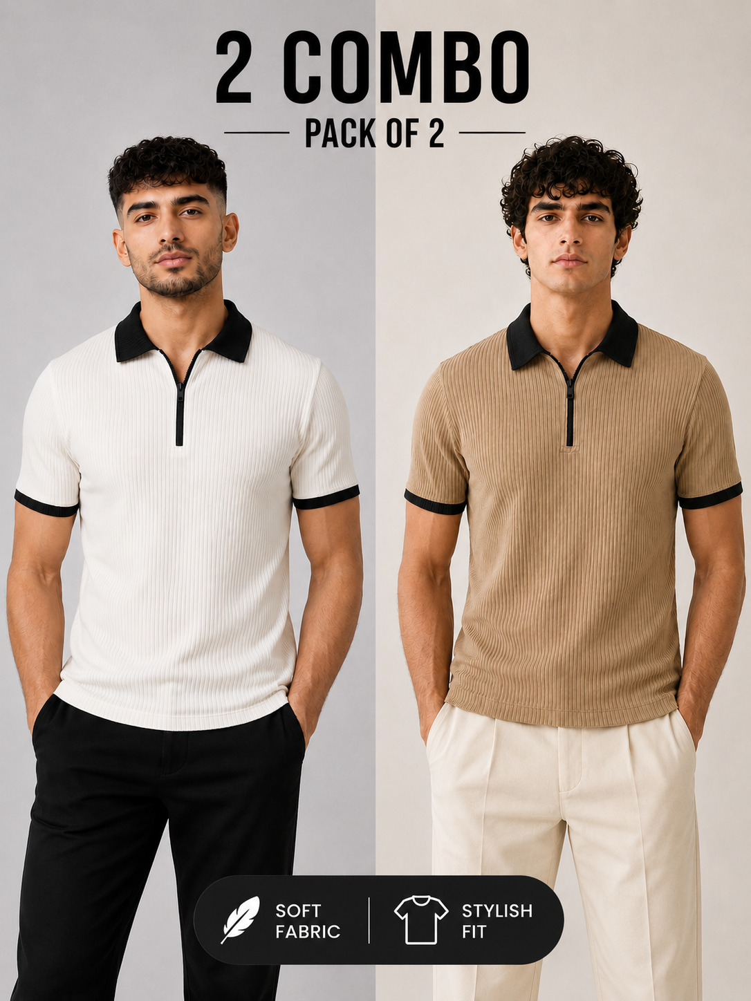 Pack of 2 Polo (White_Black & Beige_Black)