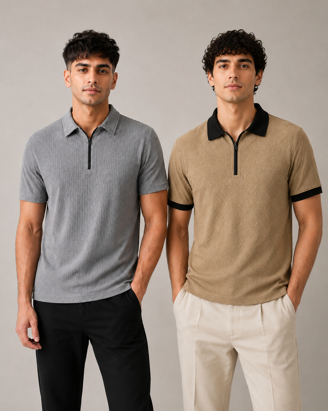 Pack of 2 Polo -(Rib-Grey_Zipper && Zip-Dimd_Beige_Black)