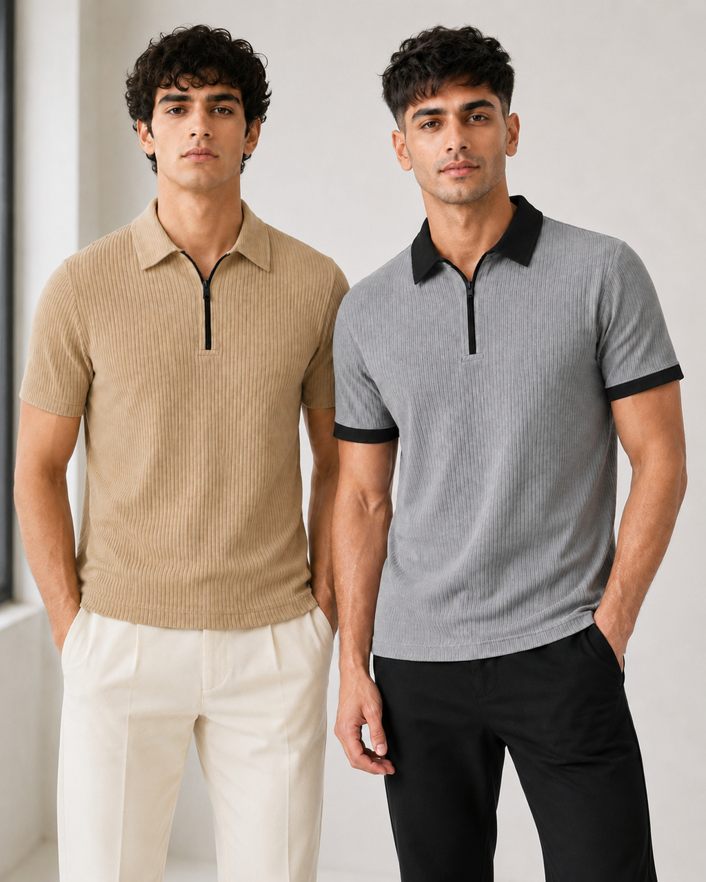 Pack of 2 Polo-(Rib-Beige_Zipper & Rib-GreyBlack_Zipper)