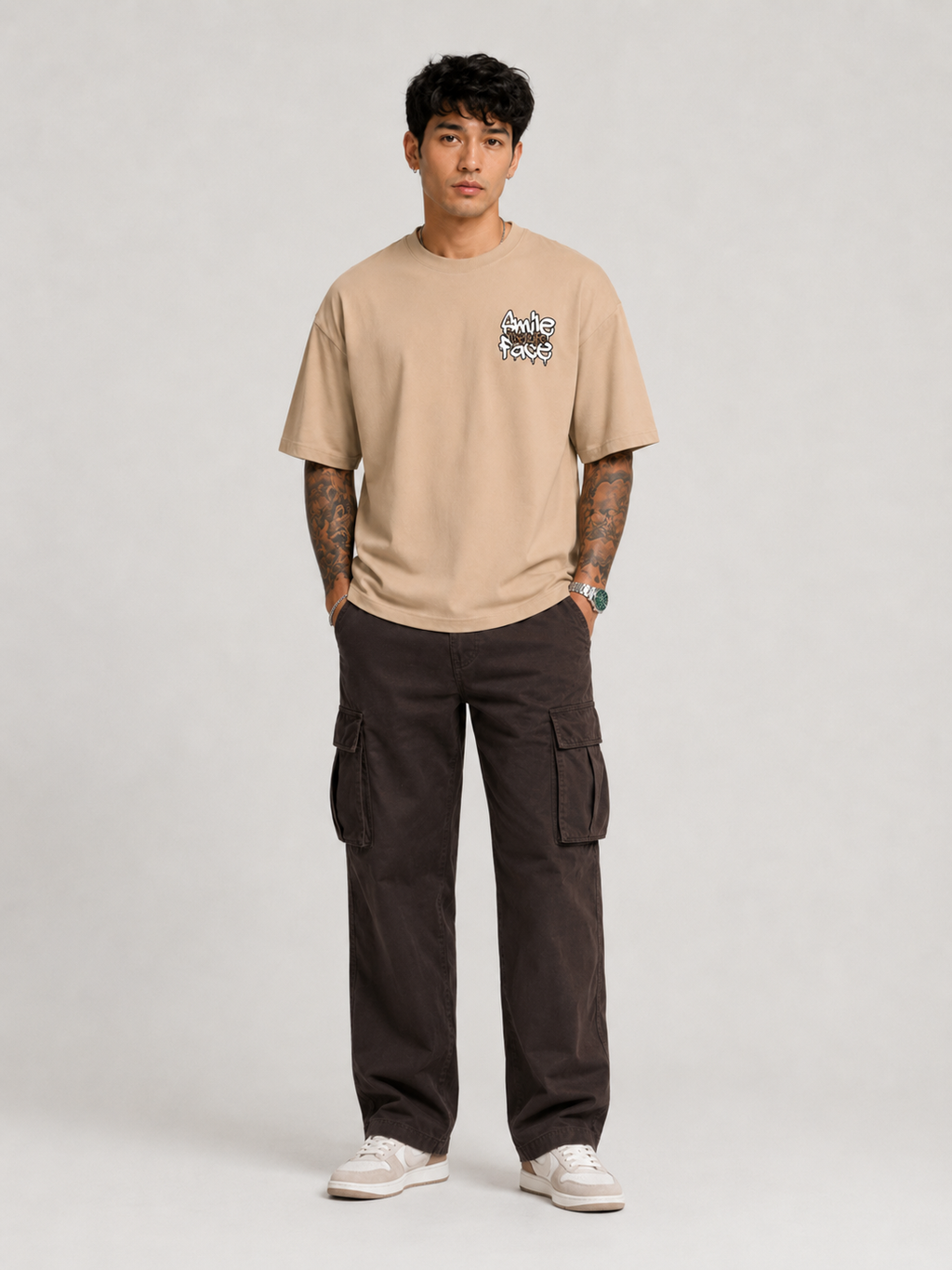 CRAZYBE E <> BEIGE-SMILE FACE T-SHIRT