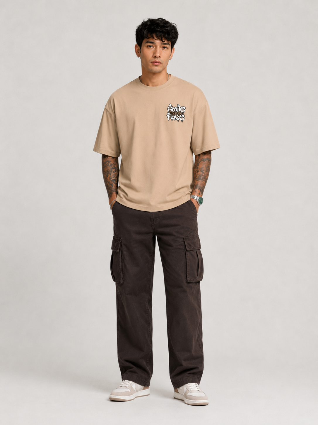 CRAZYBE E <> BEIGE-SMILE FACE T-SHIRT