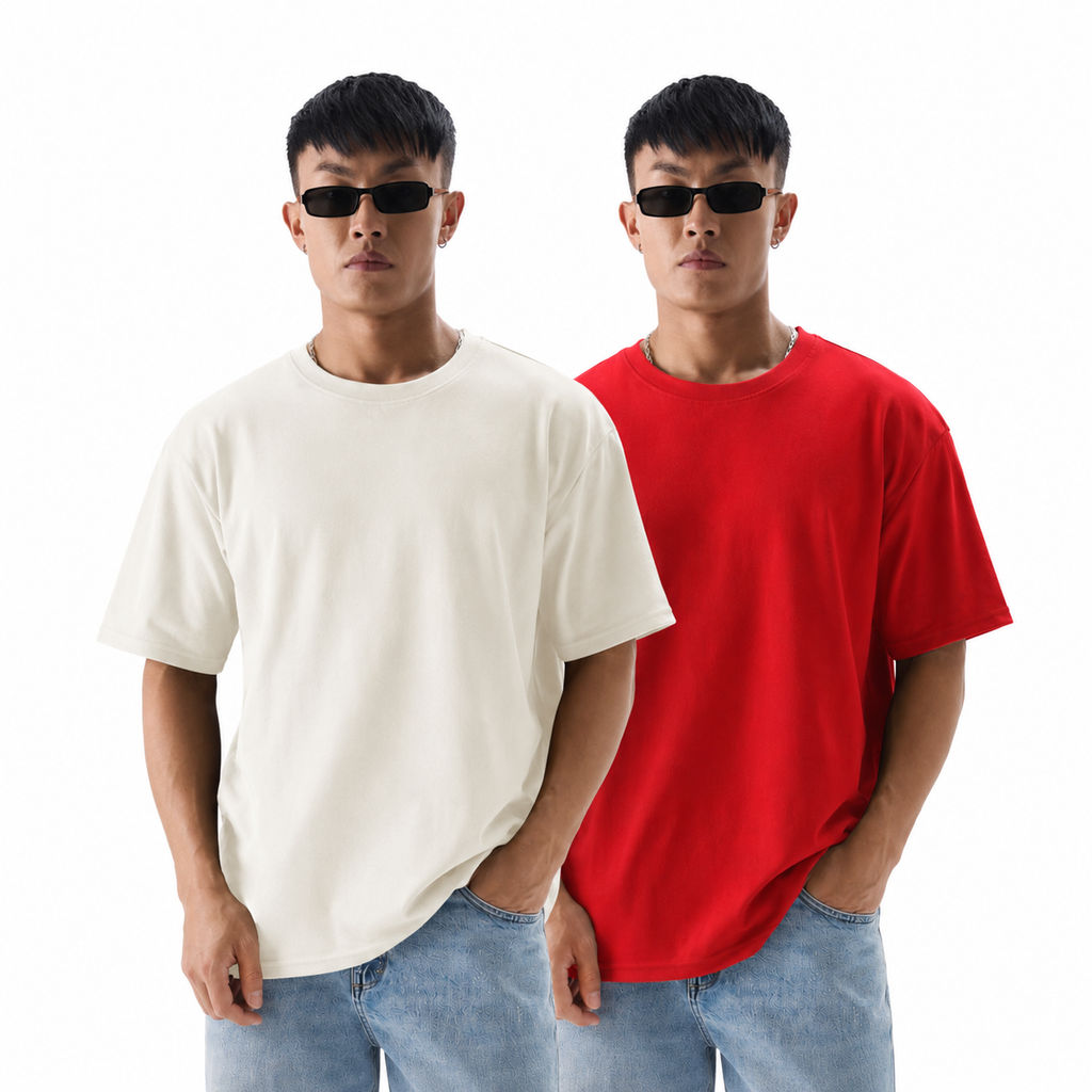 Pack of 2 solid Tshirt (Red & Off white)