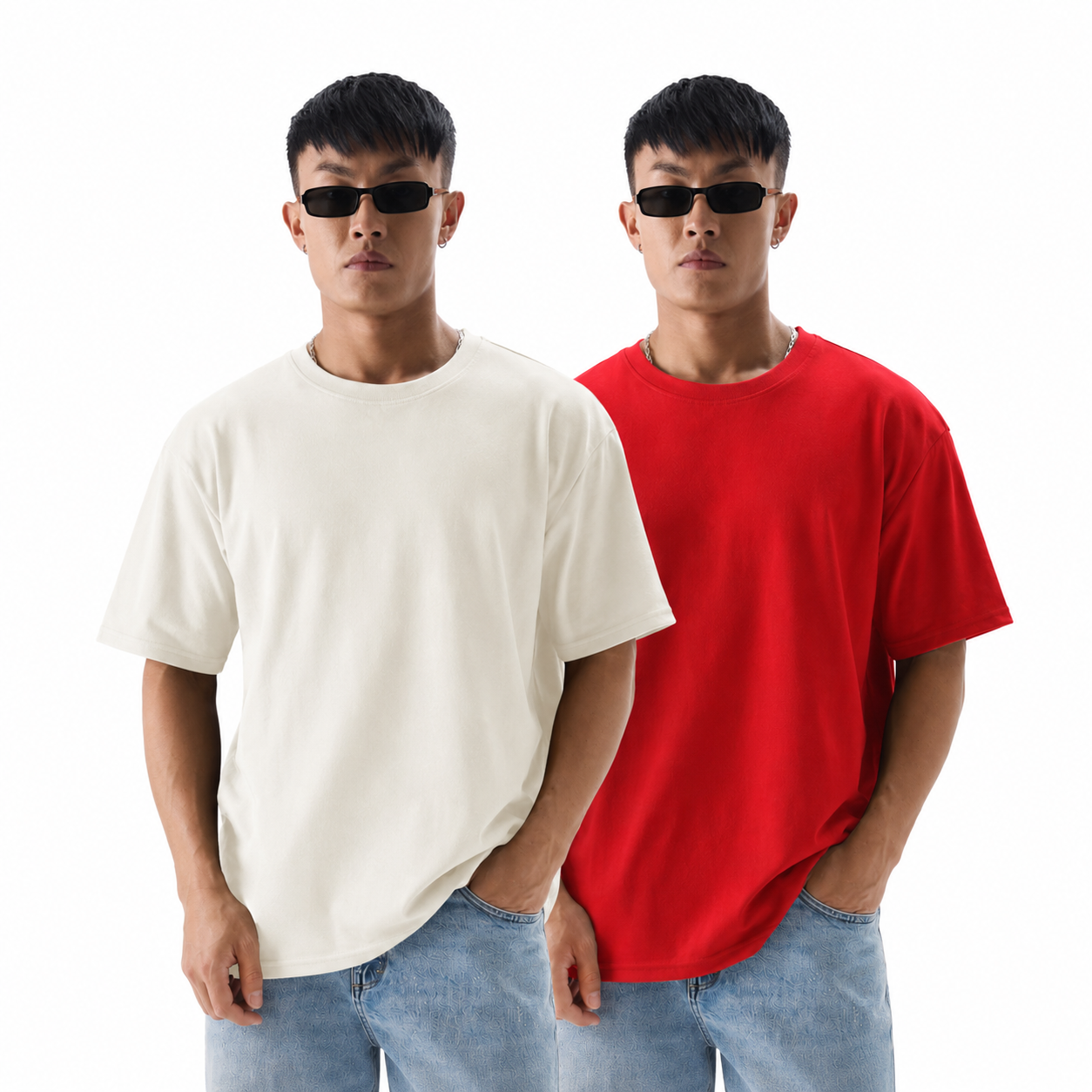 Pack of 2 plain Tshirt (Red & Off white)