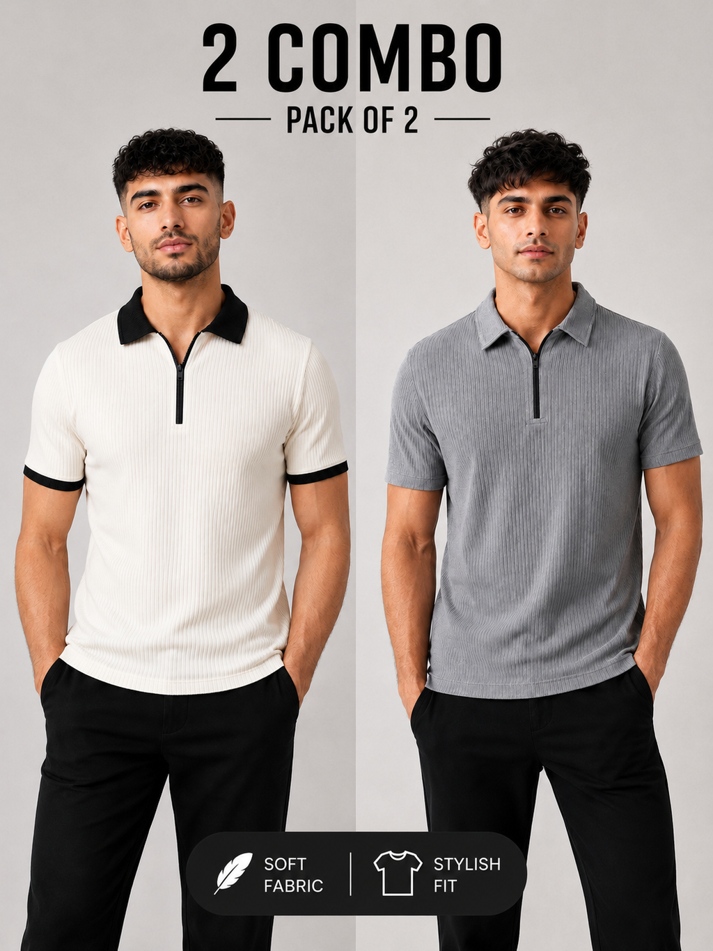 Pack of 2 Polo (White_Black & Grey Zipper)