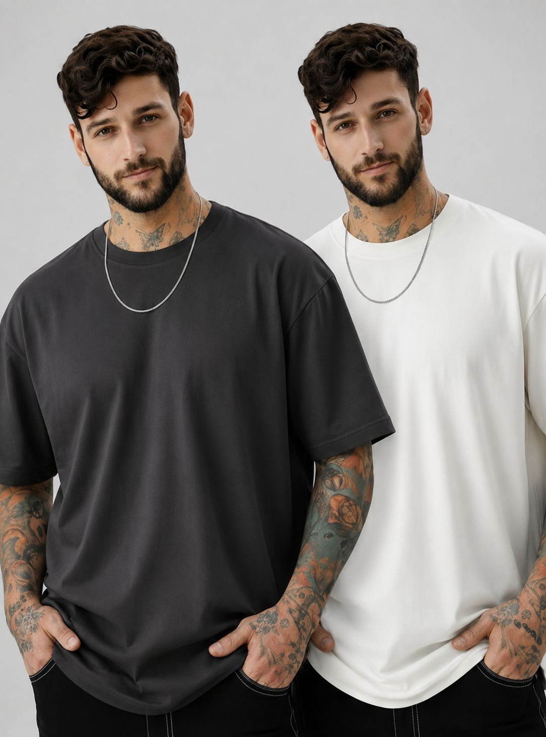Pack of 2 Plain Tshirts (Grey & Off-White)