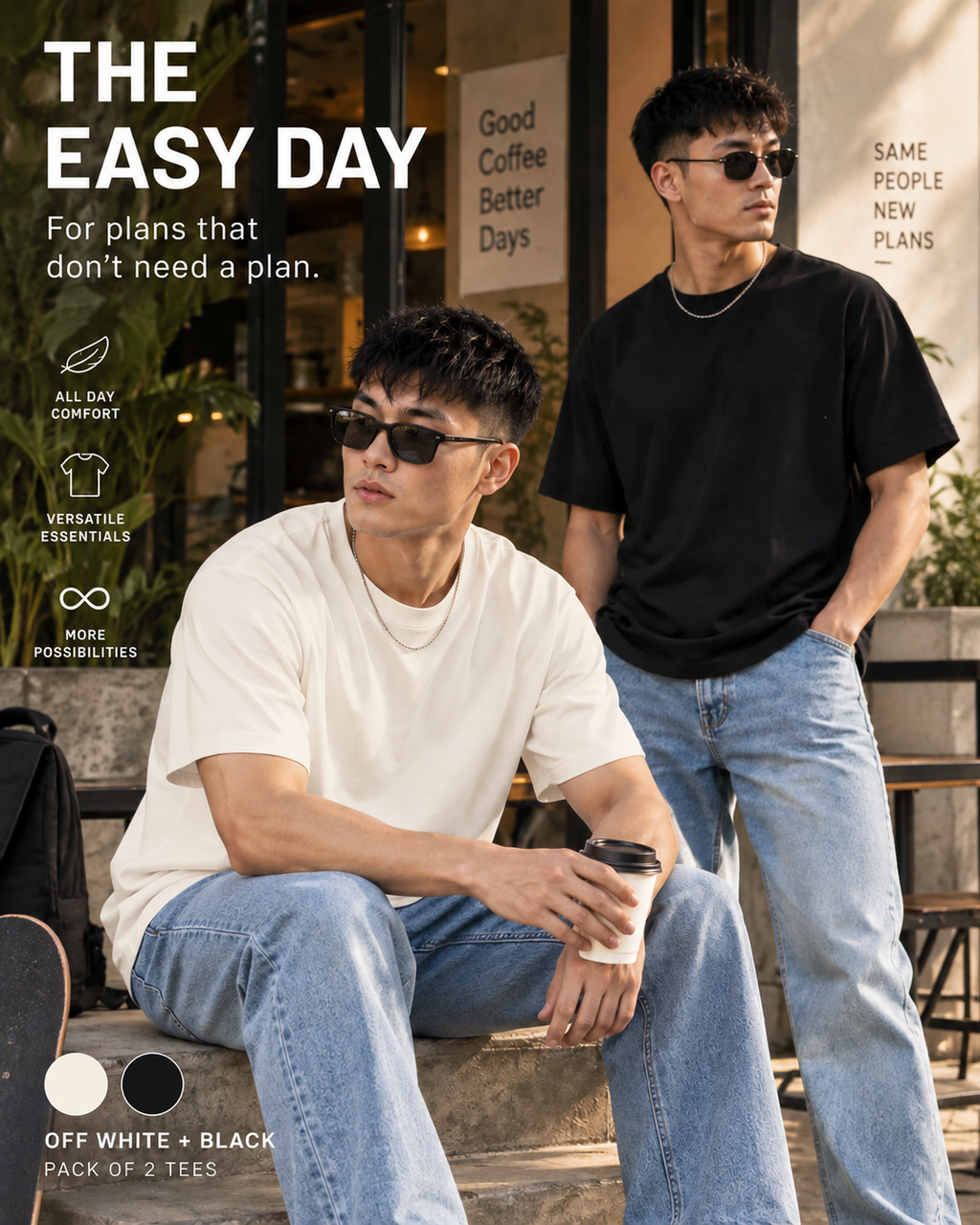 Pack of 2 Plain Tshirt -(Off white, Black)