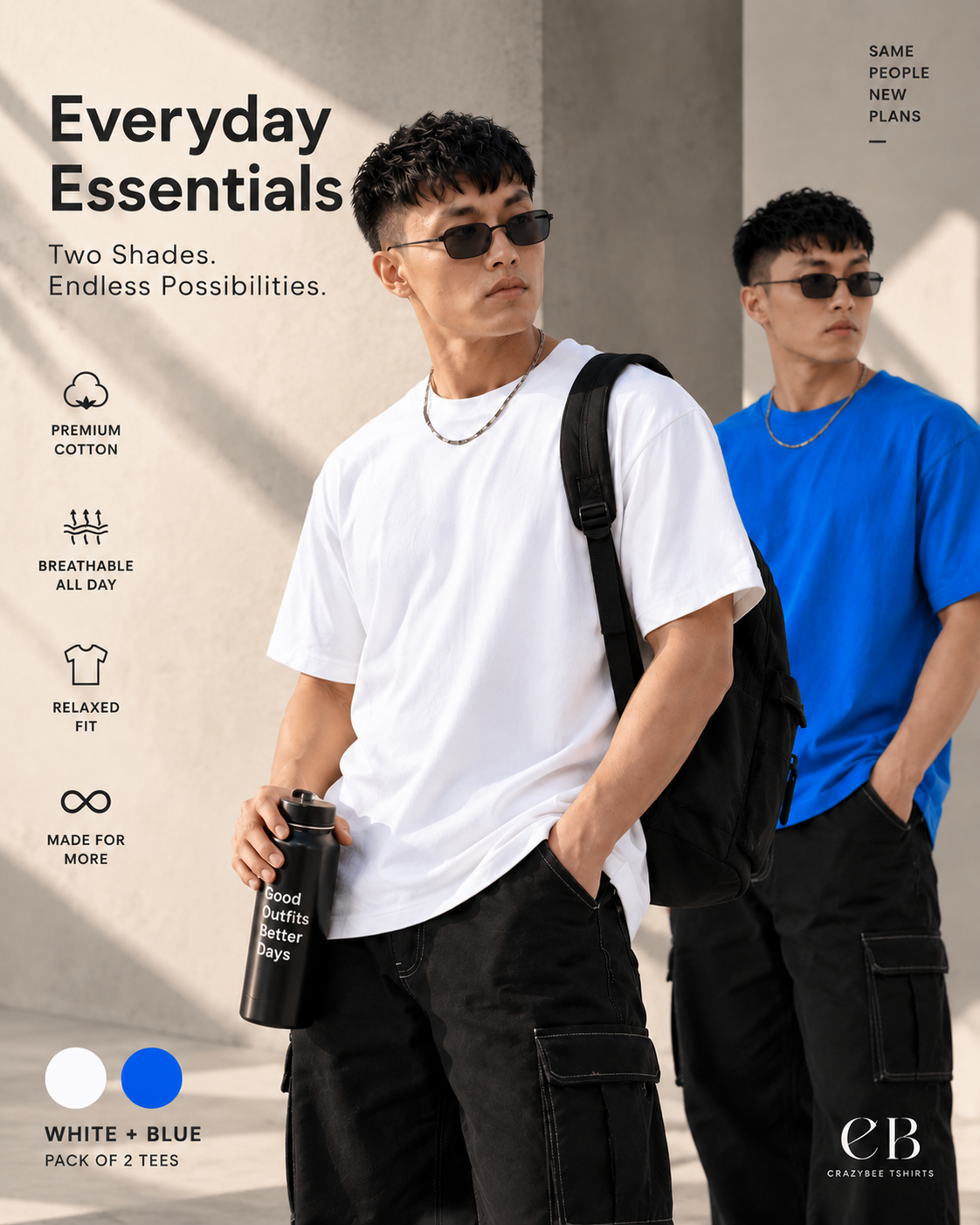 pack of 2 Solid T-shirt- White & Blue