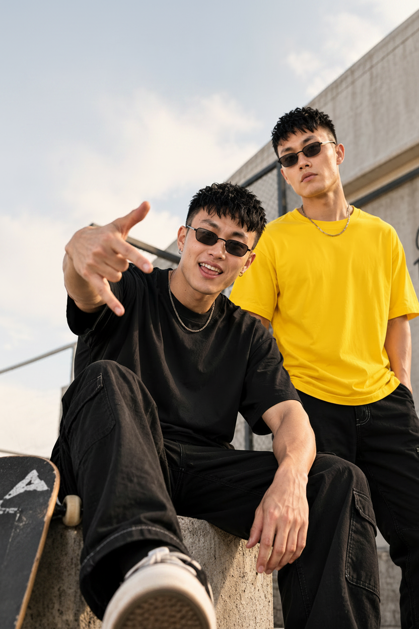 Two male models wearing a black and yellow t-shirt pack by Mavinclub, posed outdoors against a concrete wall with promotional text overlays.