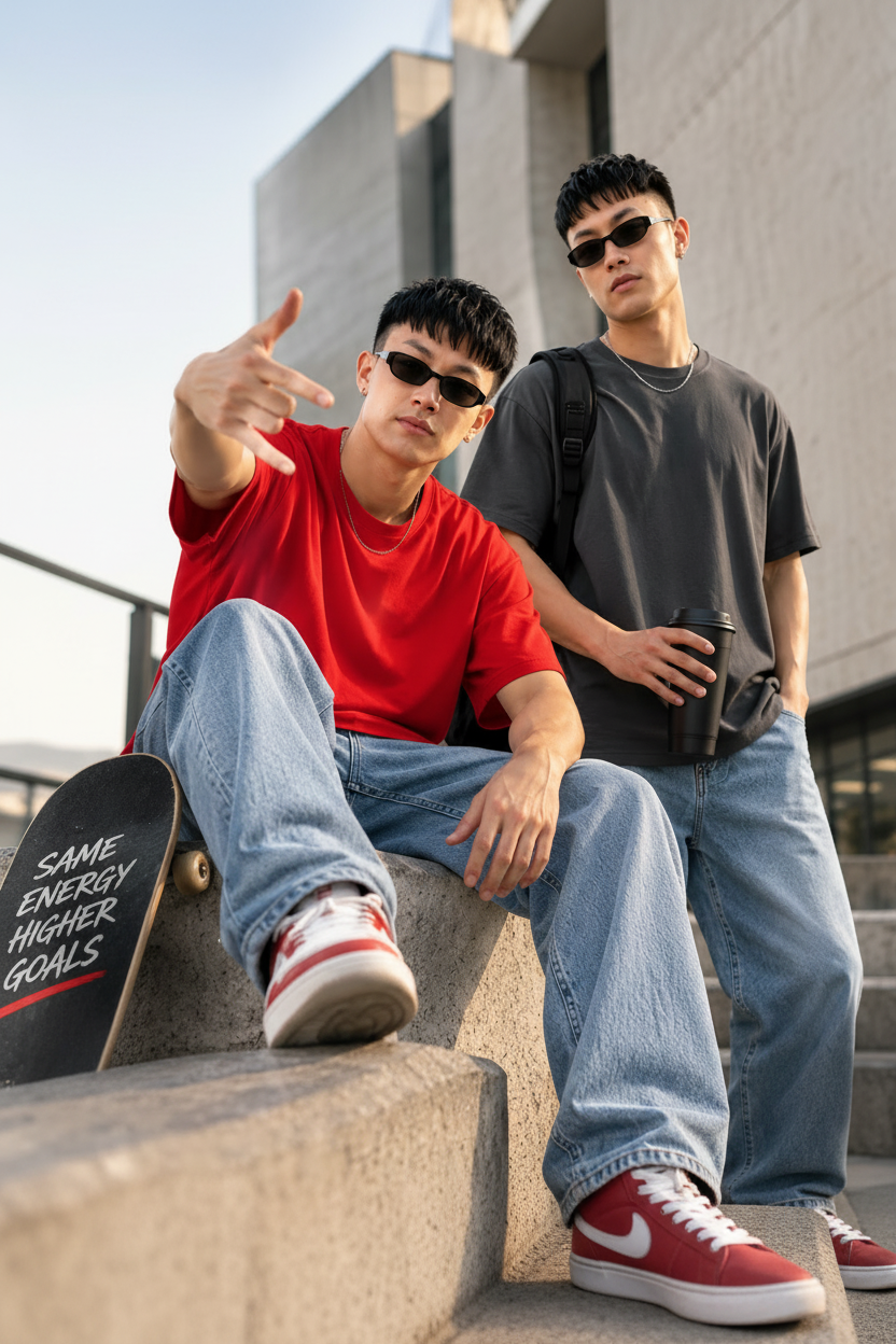 Two young men posing outdoors in streetwear, with one seated in the foreground wearing a bright red t-shirt and blue jeans, and the other standing behind him in a dark grey t-shirt and jeans. The image is a promotional graphic for 'MAVINCLUB' featuring text overlays, product icons, and a skateboard with matching graphics.