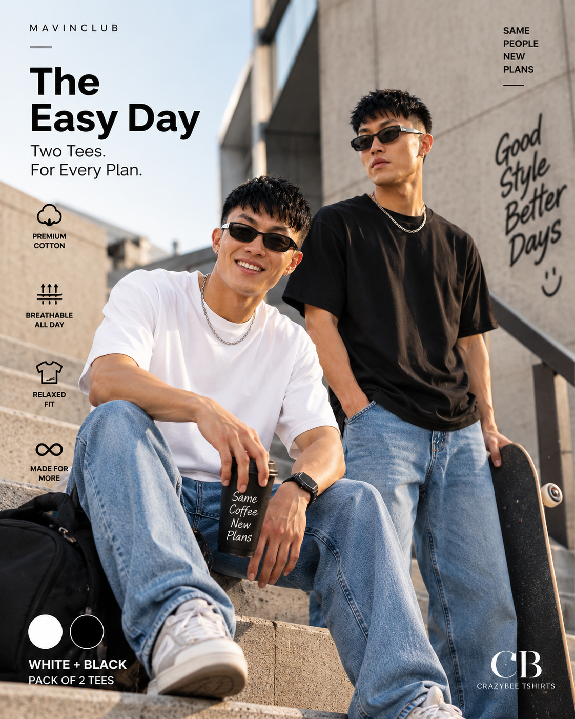 Pack of 2 Solid Tshirt (White & Black)