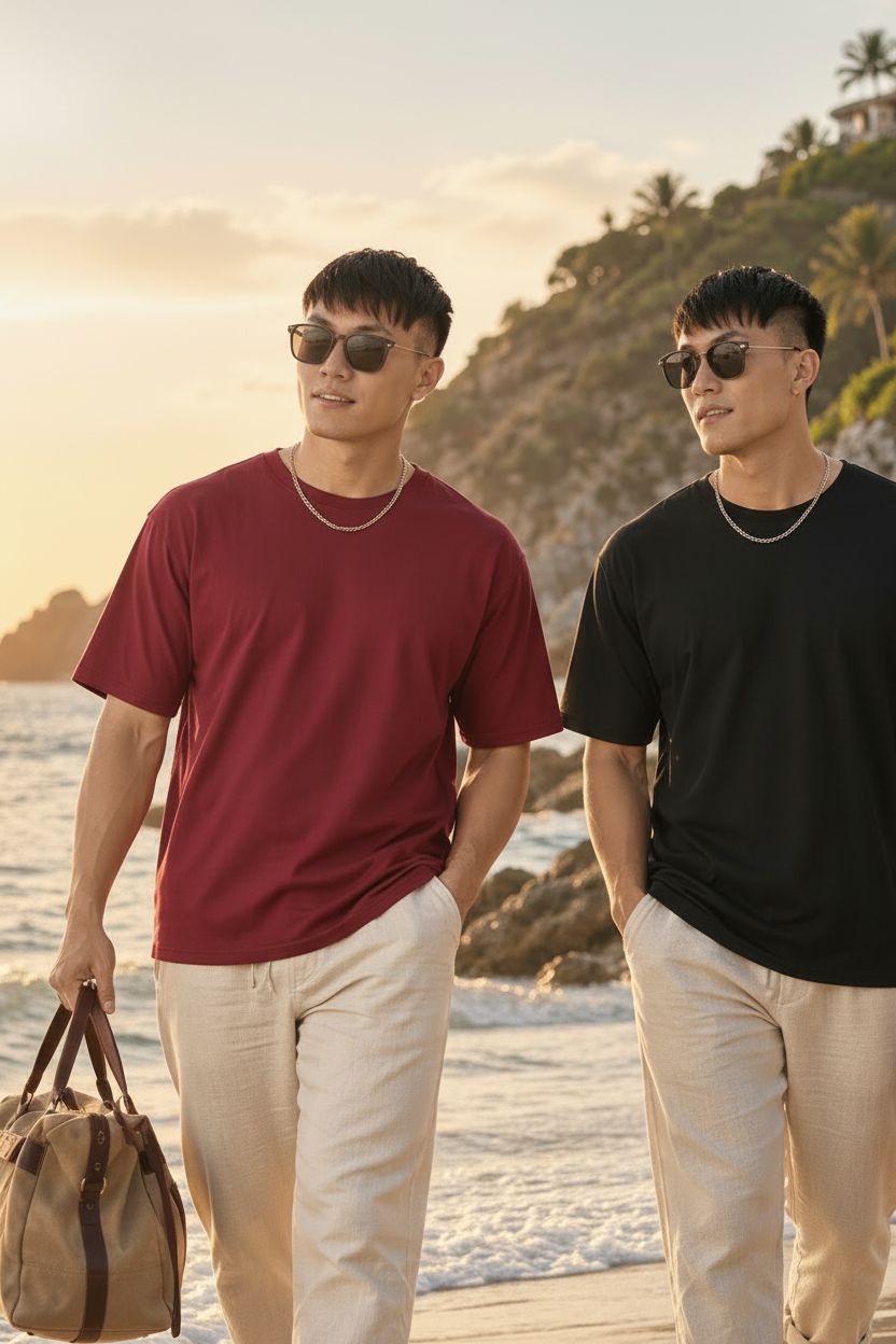 Two men walking barefoot on a beach wearing casual t-shirts and trousers, with one in a burgundy shirt and one in a black shirt. The image is a promotional advertisement for MAVIN CLUB with text overlays and product features.