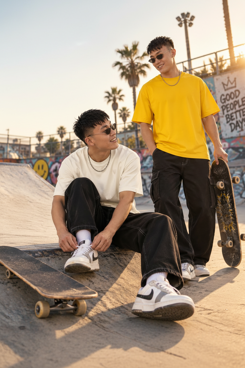 Two young men at a skatepark wearing Mavin Club t-shirts and jeans, with one sitting on a ramp and one standing holding a skateboard. The standing man wears a bright yellow t-shirt and black cargo pants, while the sitting man wears a white t-shirt and black pants.