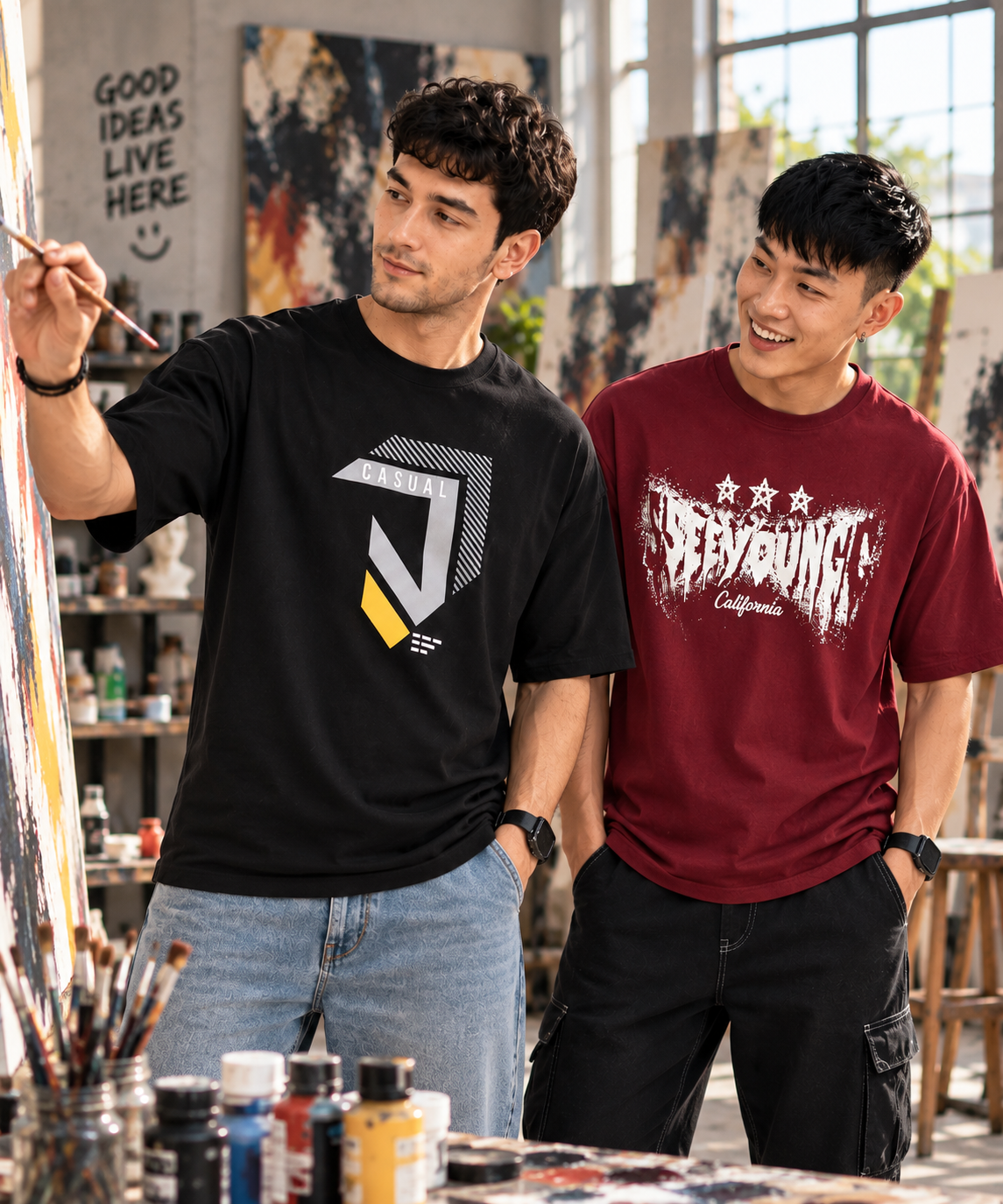 Two men standing in an art studio wearing graphic t-shirts. The man on the left wears a black crewneck t-shirt with a white and yellow geometric logo, paired with light blue jeans.