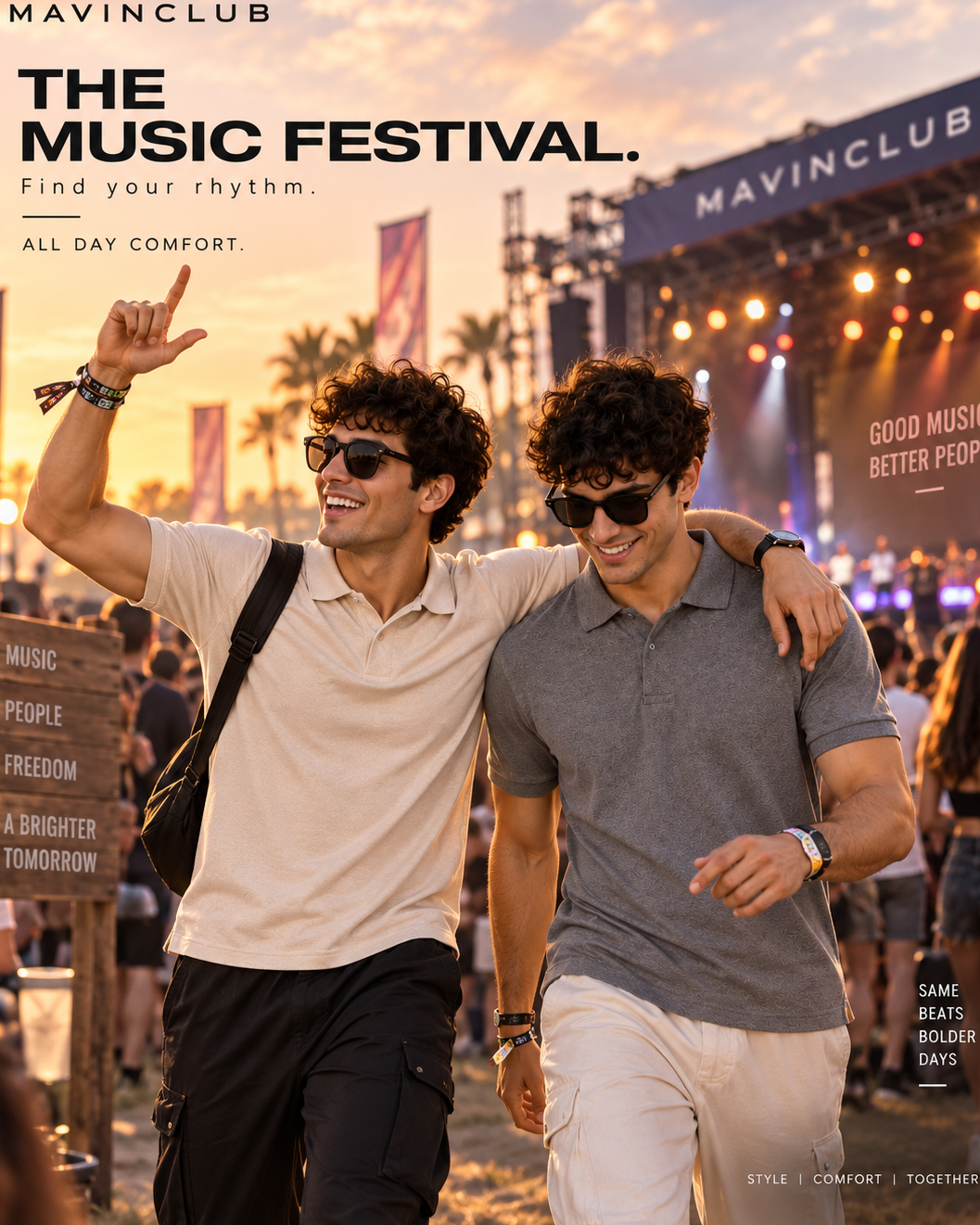 A lifestyle promotional photo from Mavinclub showing two men walking arm in arm at an outdoor music festival at sunset. The left man wears a light beige polo shirt, dark pants, sunglasses, and a black shoulder bag, while the right man wears a heather gray polo shirt and white pants.