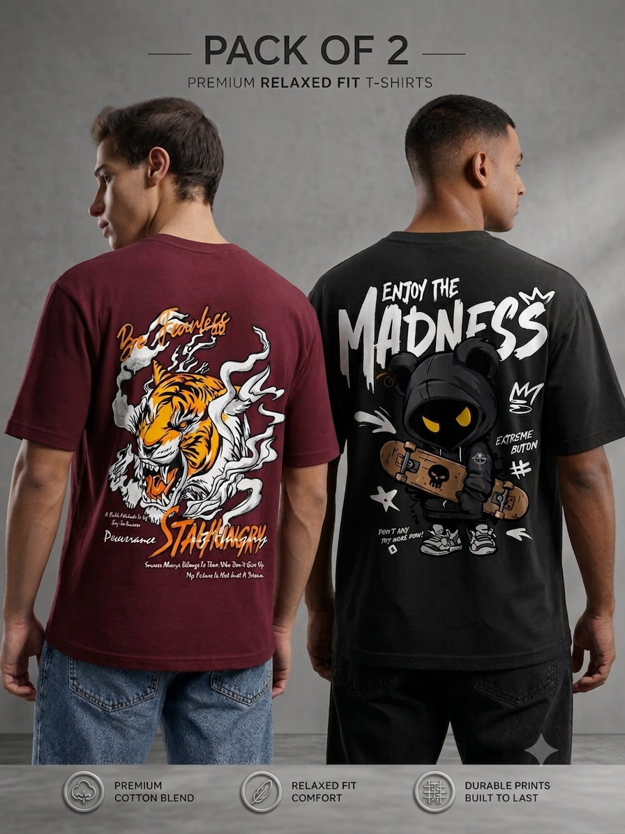 Pack of 2 Tshirt <> Maroon_Fearless & Grey_Madness -Deal