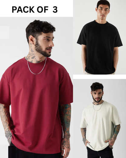 Crazybee -Pack Of 3 Plain tee > (Maroon, off-white,Black )