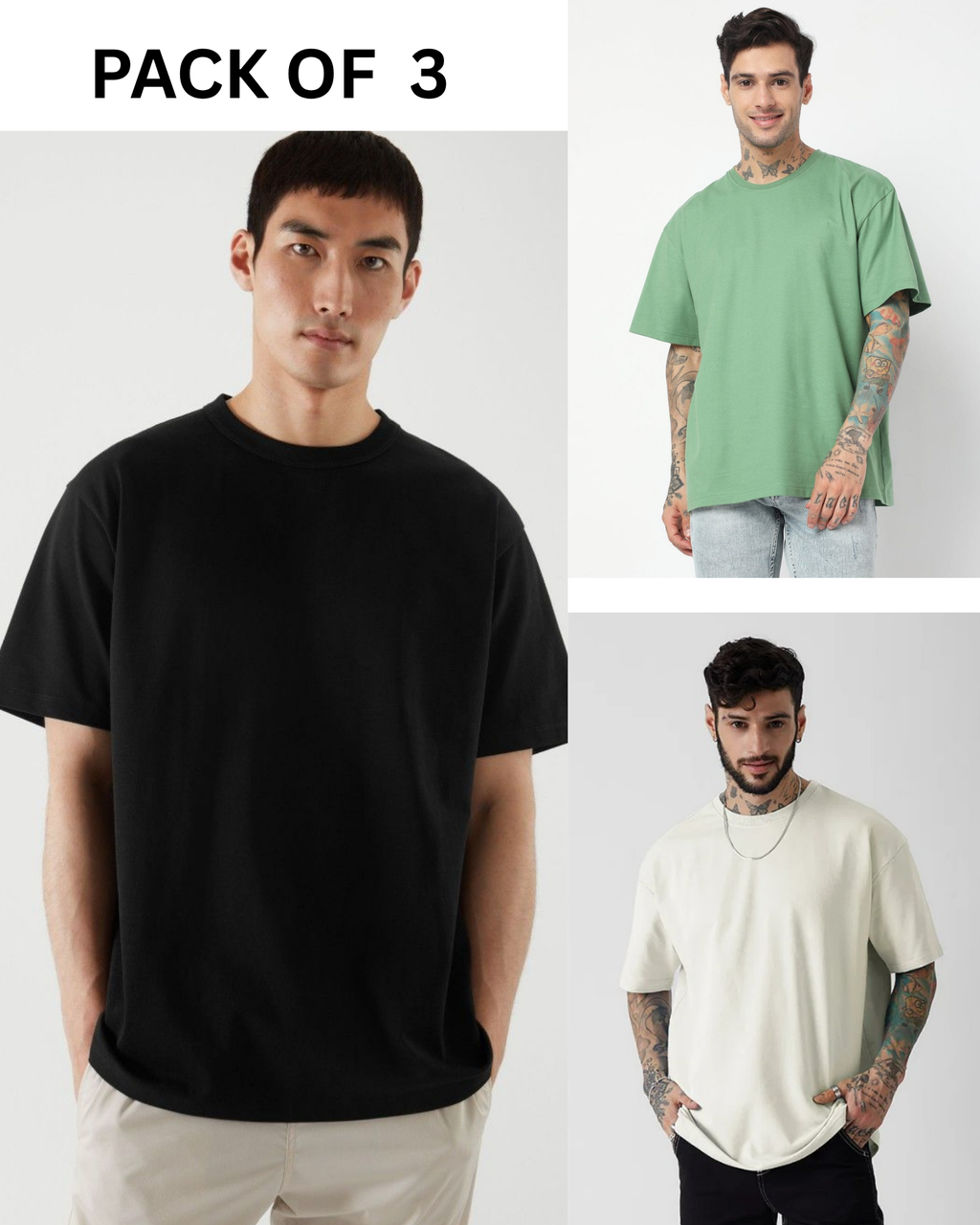 Pack of 3 Plain tees> (Green,Off-white, Black)