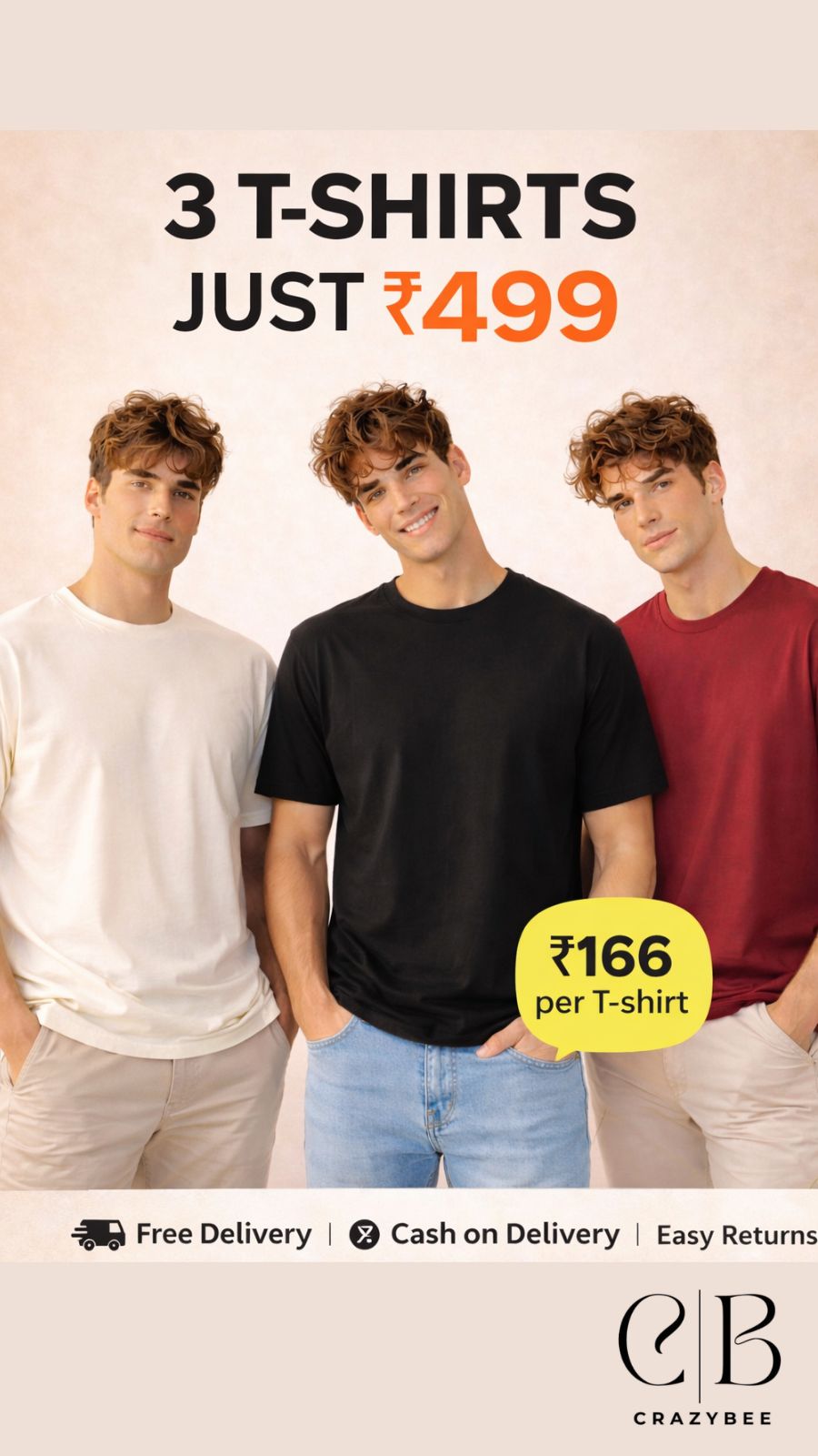 Pack Of 3 Plain tshirts > (Maroon, Off-white, Black )