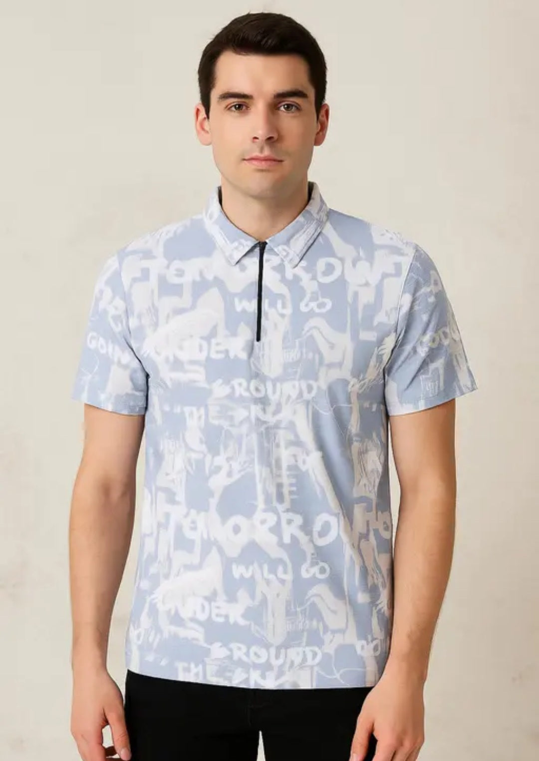 CRAZYBEE 《》Sky Blue Typography Zipper Polo Tshir